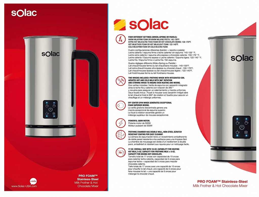 Solac Pro Foam Stainless Steel Milk Frother & Hot Chocolate Mixer
