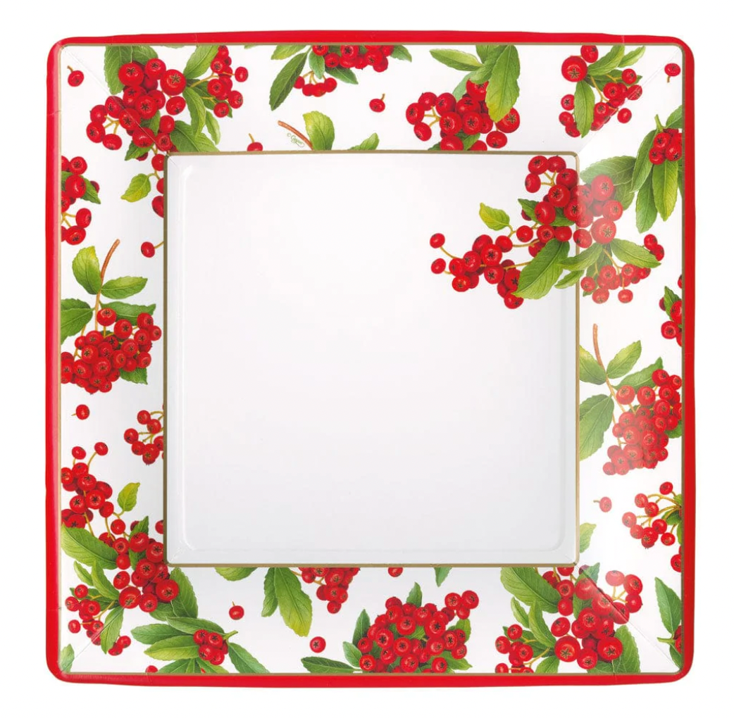 Caspari Christmas Red Berry Square Paper Dinner Plates – 8pk