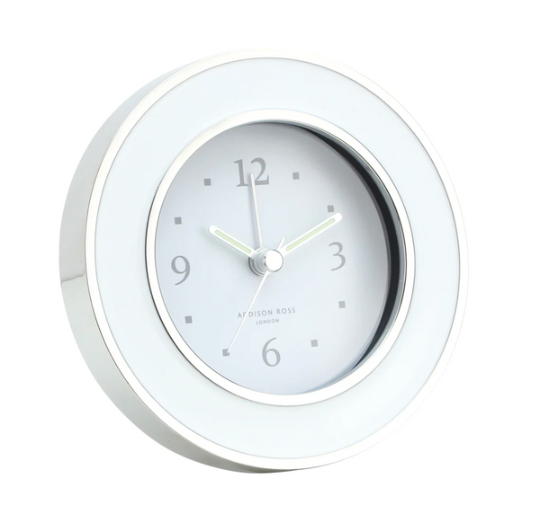 Addison Ross Enamel Alarm Clock – White & Silver