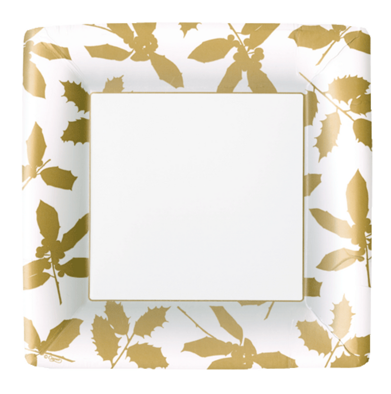 Holly Silhouettes Ivory & Gold Square Paper Dinner Plates - 8pk