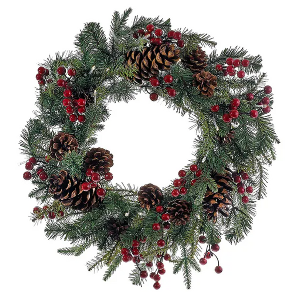 Battery-Operated LED Red Berry and Pinecone Wreath – 18"