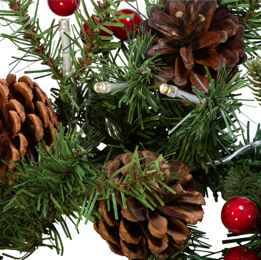 Battery-Operated LED Red Berry and Pinecone Wreath – 18"