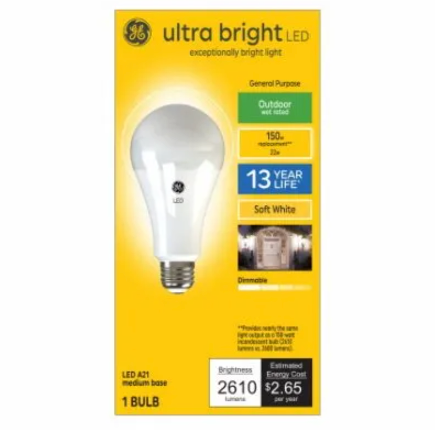 GE LED Ultra Bright Light Bulb – Soft White - A21 Medium Base – 150W Equivalent using 22 Watts