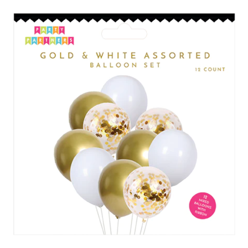 Gold & White Assorted Balloon – Set of 12