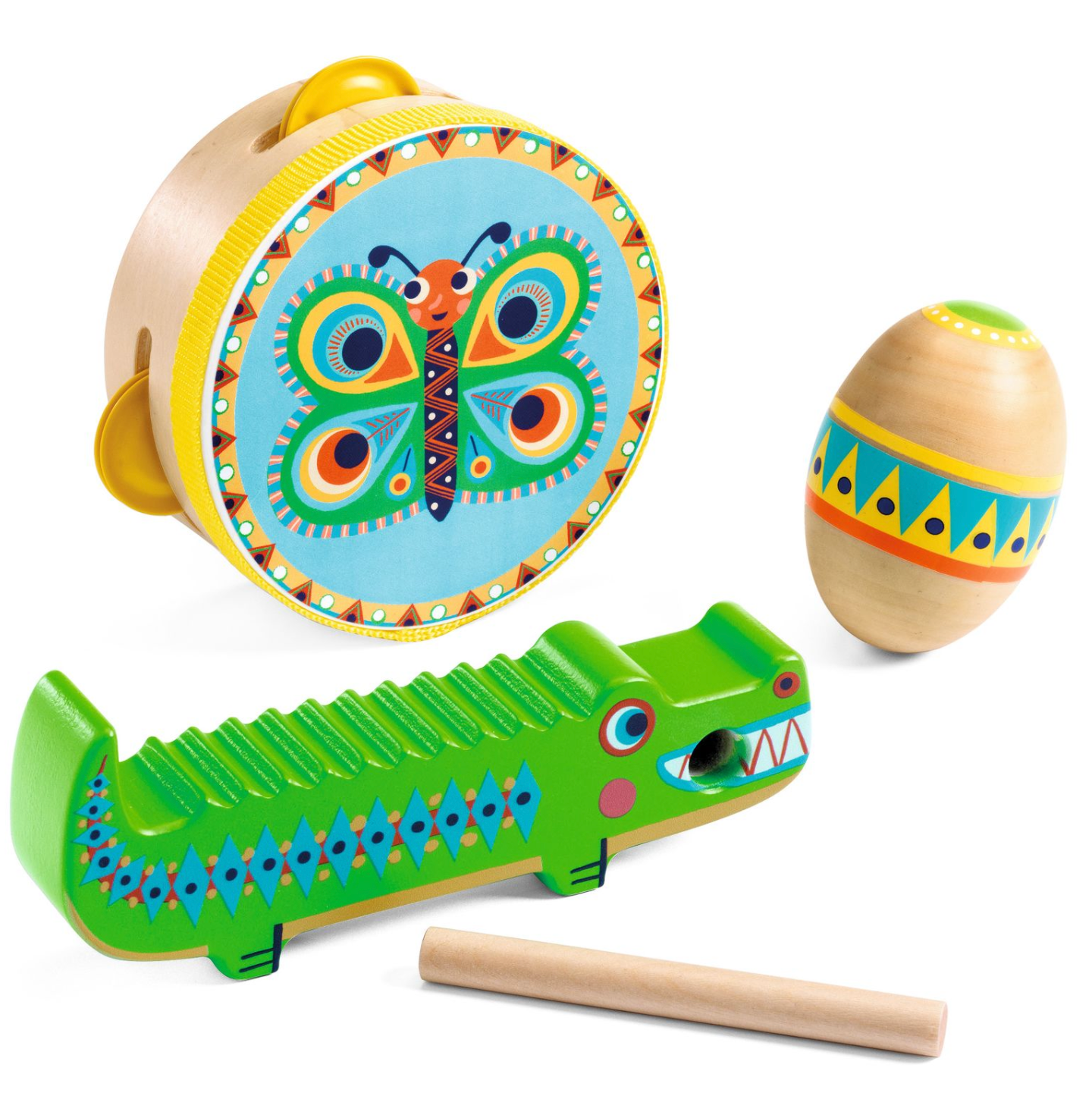 Djeco Animambo - Set of Kids Percussion Instruments – Tambourine-Maracas-Guiro