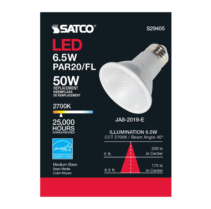 Satco 6.5 Watt (50W Equivalent) PAR20 LED 2700K Medium E26 Base