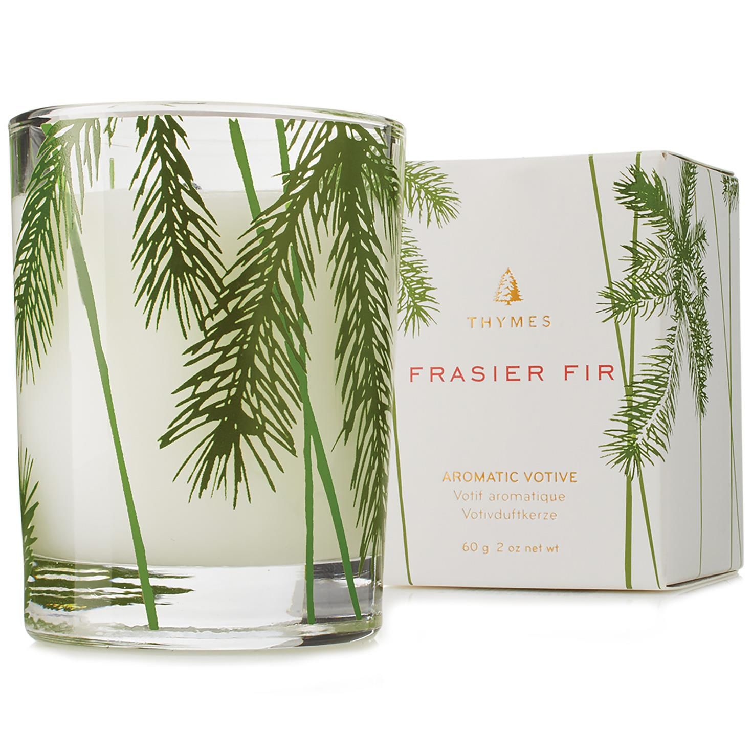 Thymes Candela Aromatica Frasier Fir - Profumo Di Abete E Foresta, 185g, 60 Ore Di Combustione, Cera Di Paraffina, Stile Natalizio
