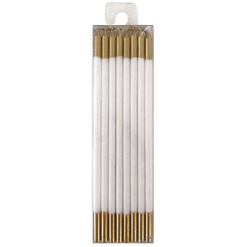 Slim Birthday Candles in White & Gold – 6" – 16 Pack