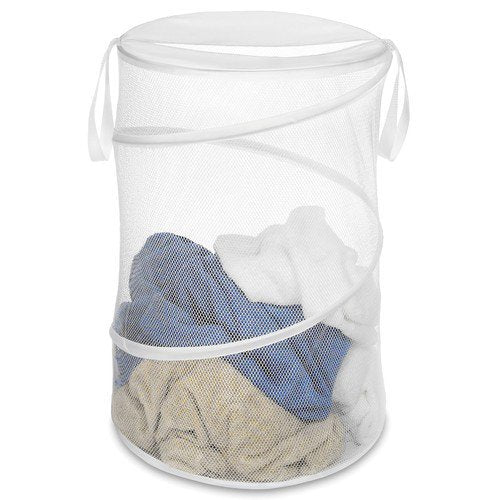 Collapsible Pop Up Mesh Laundry Hamper With Handles – White