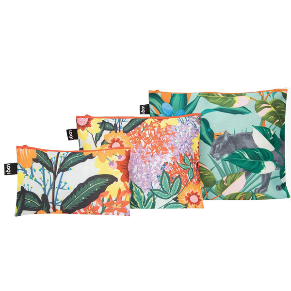LOQI Reusable Recycled Zip Pocket Tote Bags – Thai Floral & Wild Forest – Set of 3