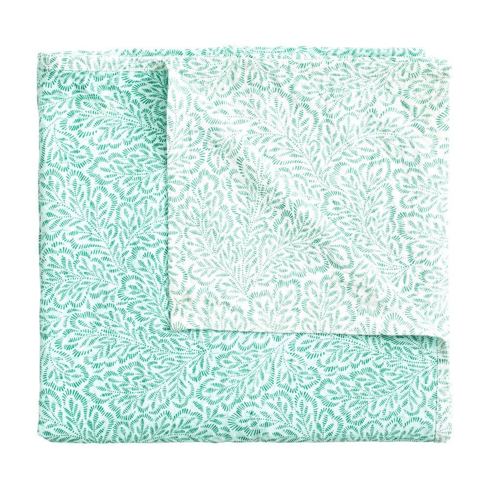 Caspari Reversible Kantha Table Cloth – Green Block Print Leaves – 70"x70"