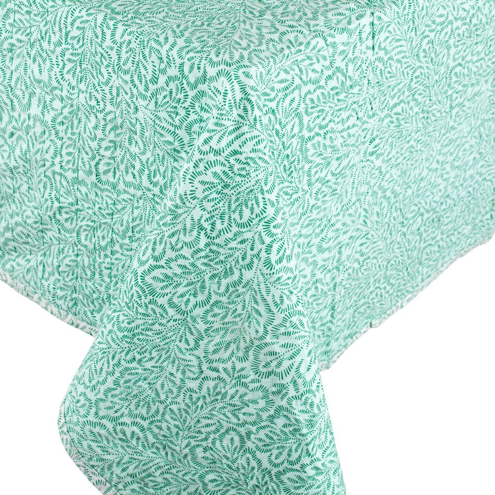 Caspari Reversible Kantha Table Cloth – Green Block Print Leaves – 70"x70"