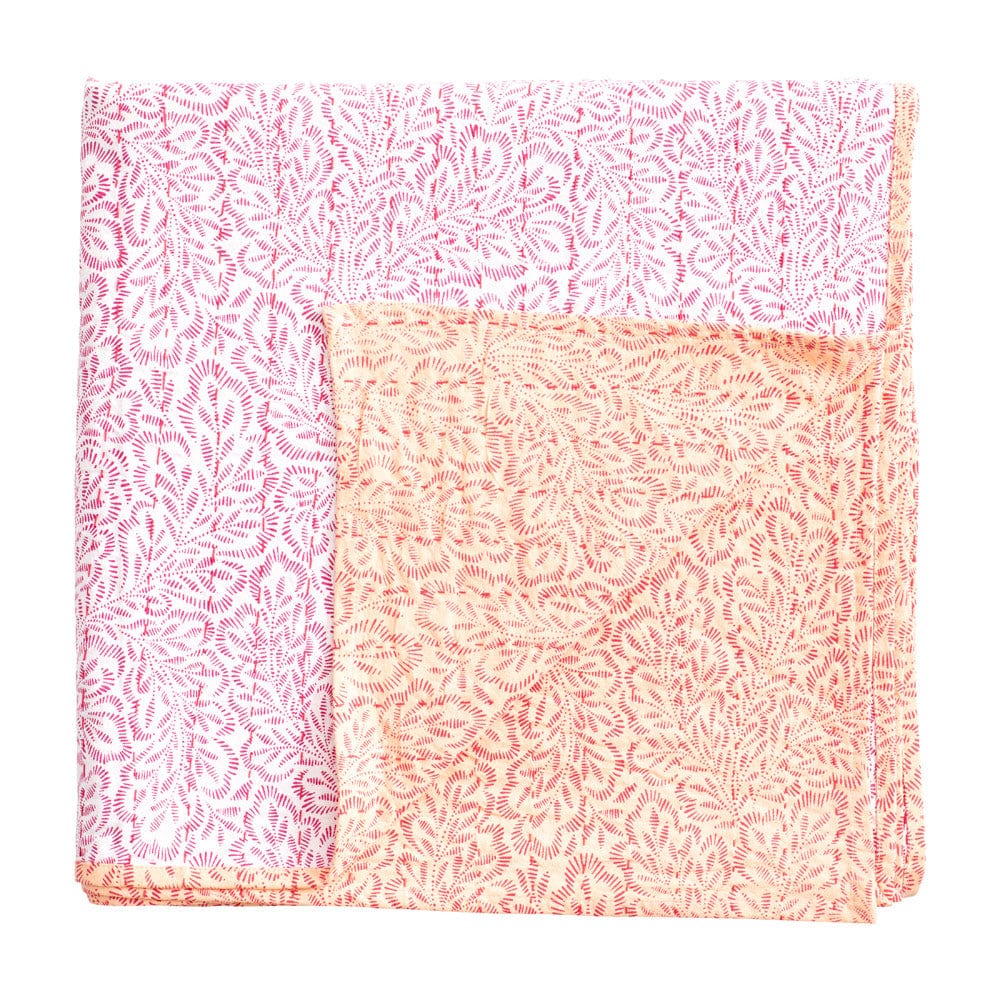 Caspari Reversible Kantha Table Cloth – Fuchsia Block Print Leaves – 70"x70"
