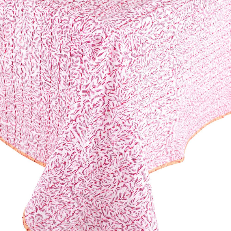Caspari Reversible Kantha Table Cloth – Fuchsia Block Print Leaves – 70"x70"