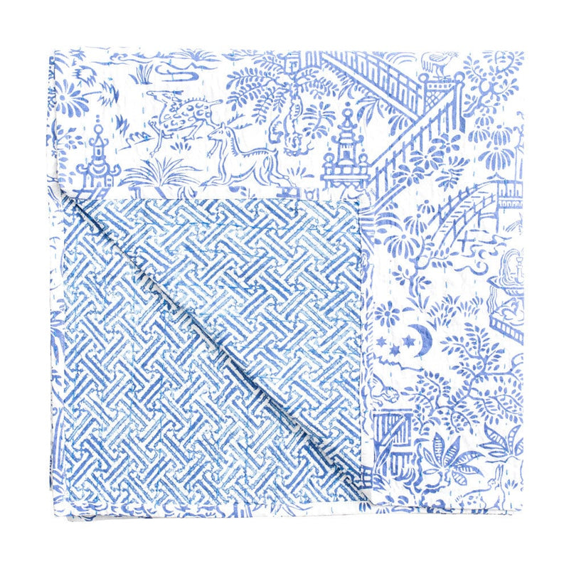 Caspari Reversible Kantha Table Cloth – Blue & White Pagoda Toile – 70"x70"