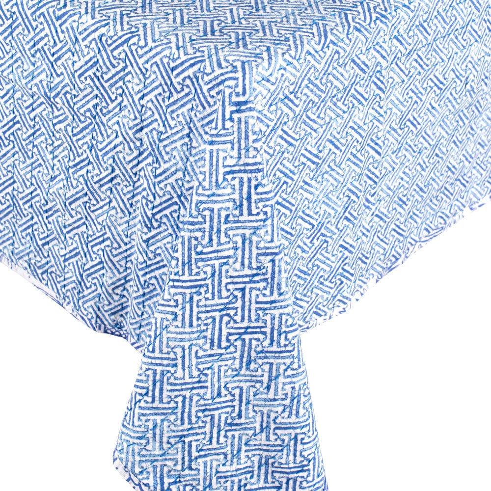 Caspari Reversible Kantha Table Cloth – Blue & White Pagoda Toile – 70"x70"