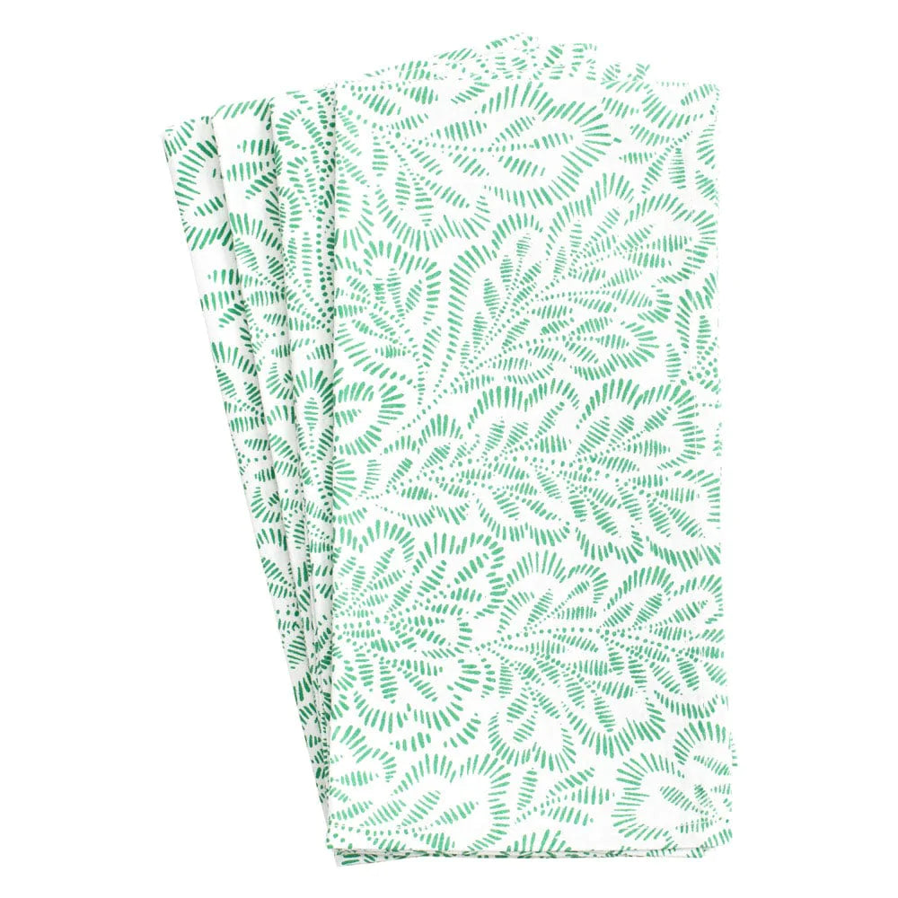 Caspari Cloth Dinner Napkins – Block Print Leaves – Green & White – Set of 4