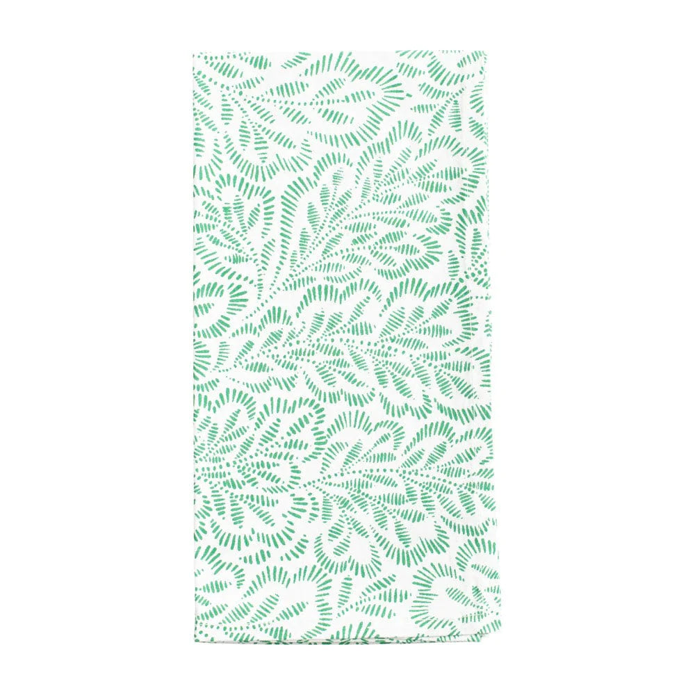 Caspari Cloth Dinner Napkins – Block Print Leaves – Green & White – Set of 4