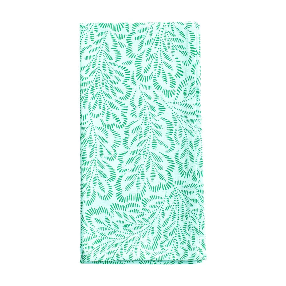 Caspari Cloth Dinner Napkins – Block Print Leaves – Turquoise & Green – Set of 4