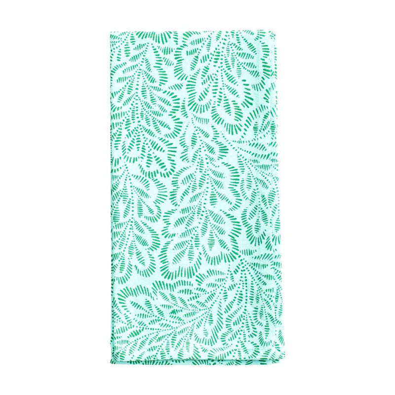 Caspari Cloth Dinner Napkins – Block Print Leaves – Turquoise & Green – Set of 4