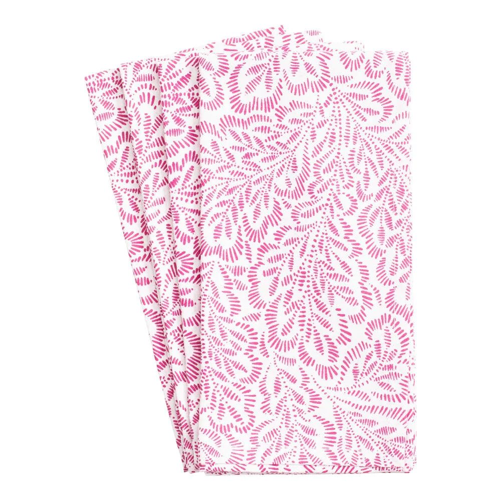 Caspari Cloth Dinner Napkins – Block Print Leaves – Fuchsia & White – Set of 4