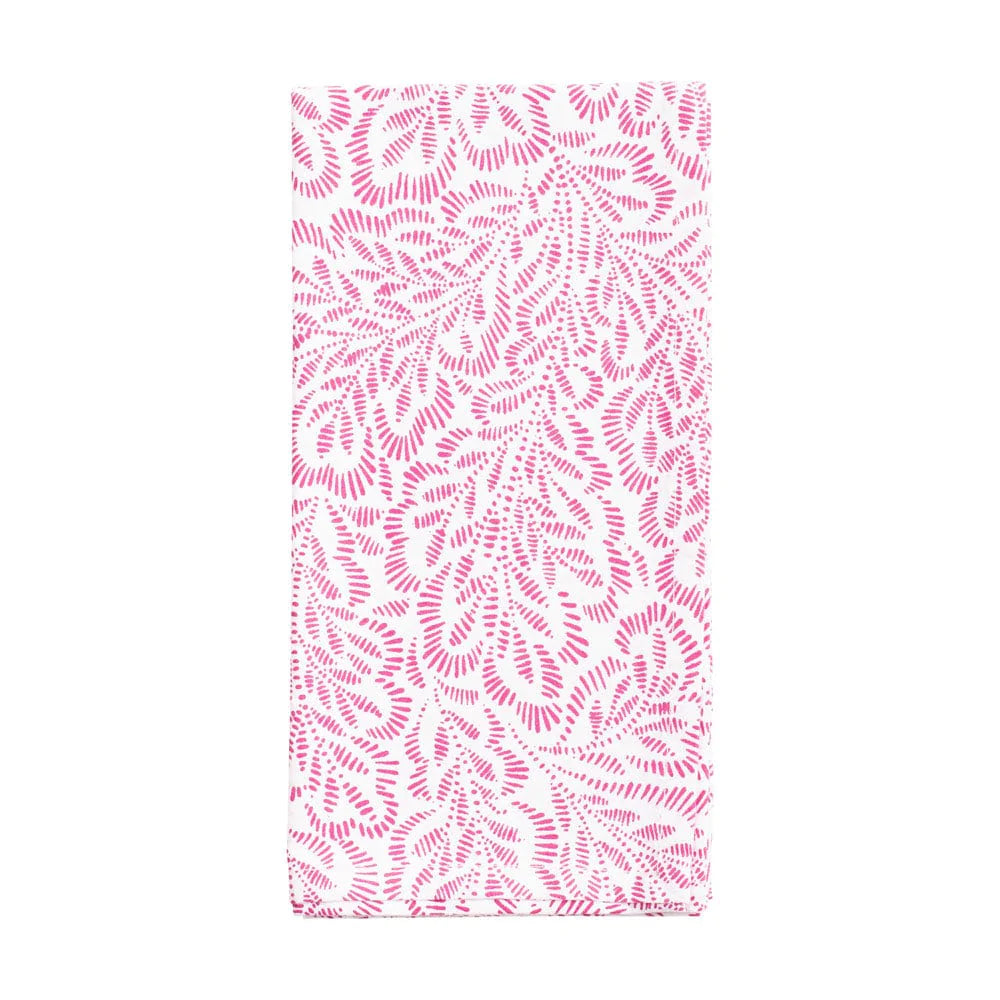 Caspari Cloth Dinner Napkins – Block Print Leaves – Fuchsia & White – Set of 4