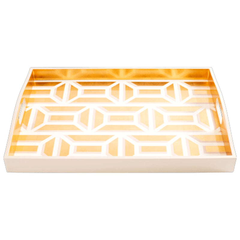 Caspari Garden Gate White/gold Lacquer Large Rectangle Tray – 21” x 15”