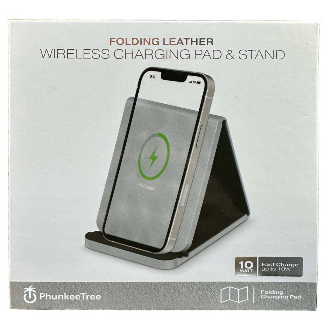 Folding Leather Wireless Pad And Charging Stand – Grey/Black