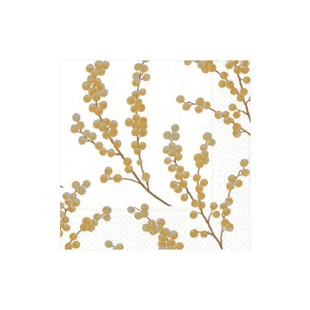 Caspari Berry Branches White & Gold Cocktail Napkins - 20pk