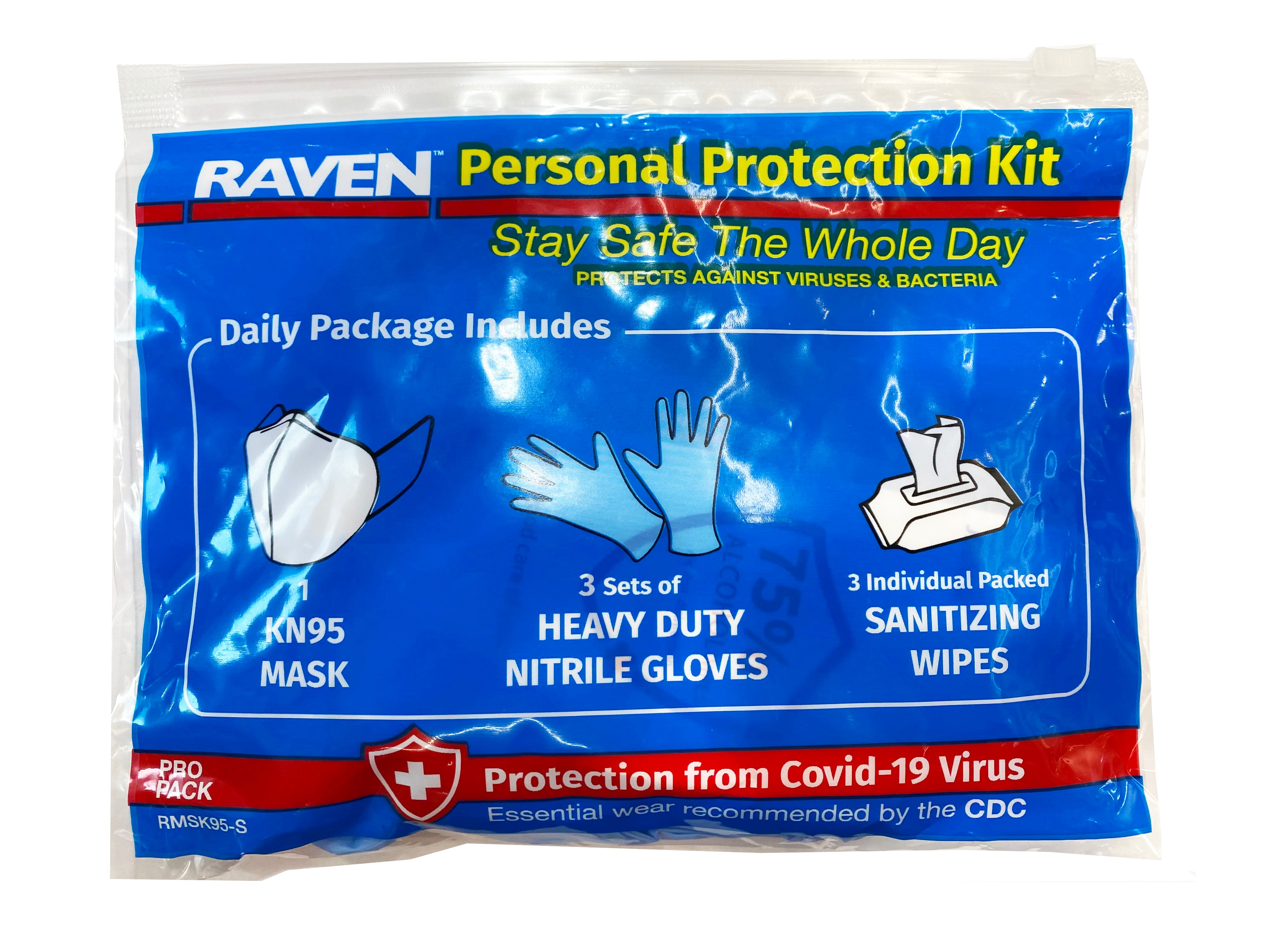 Personal Protection Kit – KN95 Mask, 3 Sets of PR HD Nitrile Gloves, 3 Sani Wipes