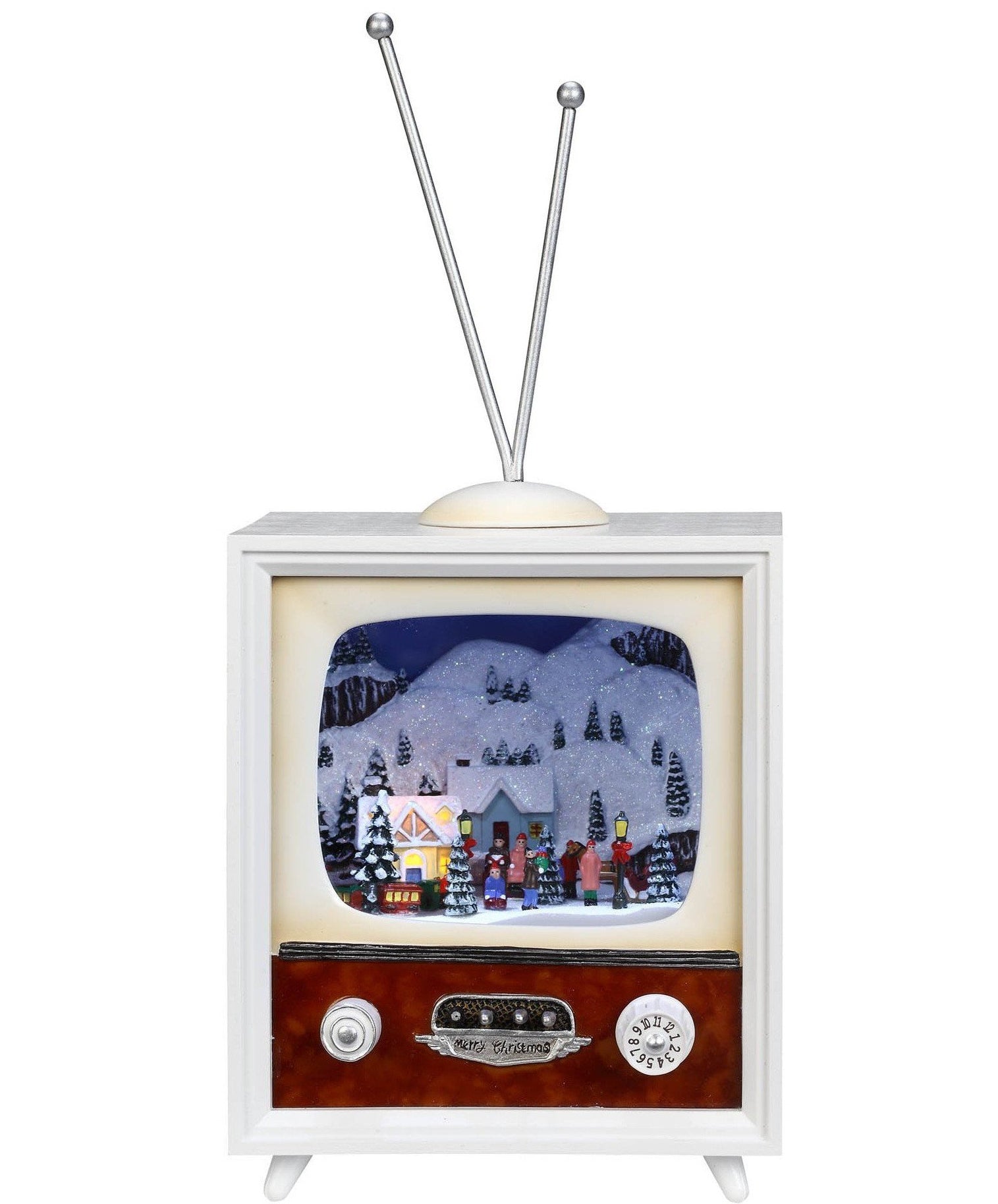 Musical Christmas Village Vintage TV Box With Moving Train - White