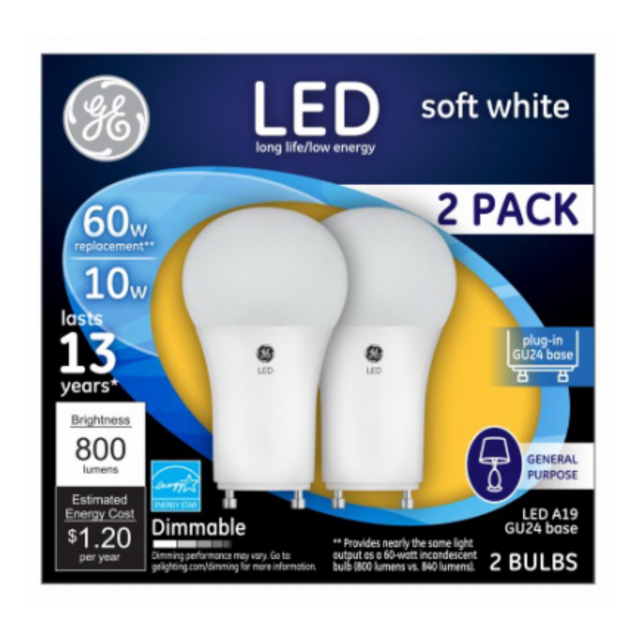 GE LED A19 GU24 Plug In Base Dimmable 60W Replacement – Soft White – 2 Pack