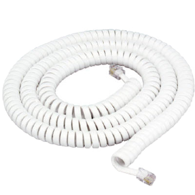 Coiled Modular Handset Cord With Attached Modular Plug Ends – White – 25-Ft.